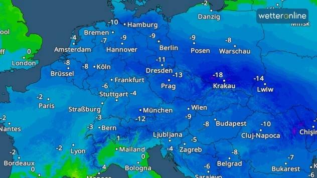 Das TemperaturRadar zeigt eisige Frühwerte in weiten Teilen Europas an.