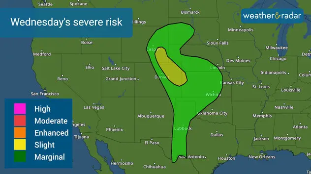 Wednesday's severe weather risk. Large hail, damaging winds, and a tornado or two. 