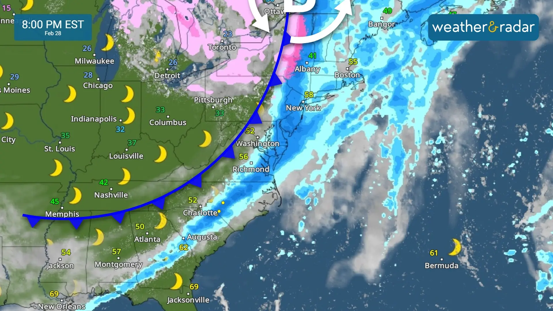 Sistema de baja presión se mueve rápido al este y las lluvias y algunas nevadas llegarán al Noreste el miércoles. 