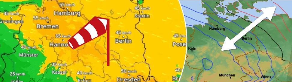 Böen bis 60 Kilometer pro Stunde im Nordosten Deutschlands (links); Große Luftdruckunterschiede auf kleinem Raum (rechts)
