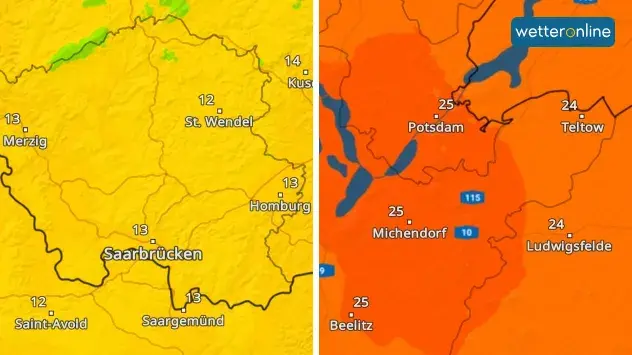 TemperaturRadar-Vergleich zwischen dem Saarland und Brandenburg