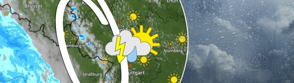 WetterRadar zeigt Schauer und Gewitter in einer Linie von Südbaden bis Aachen