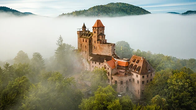 Nebeliger Blick über die Burg Berwartstein und den Wald