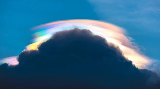 De pileus wordt zichtbaar als een hoedje op een cumulonimbus. Soms treedt er ook irisatie van de wolk op door de ijskristallen. 