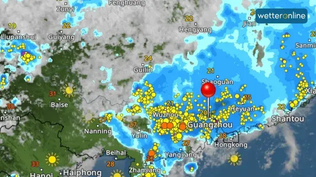 Das WetterRadar zeigt die gewaltigen Gewittersysteme im Südosten Chinas.