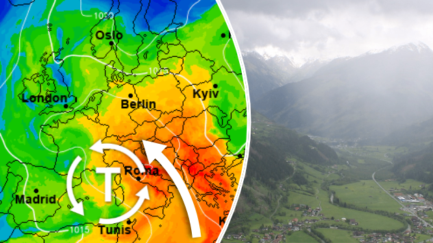 Eine Wetterkarte zeigt die Verteilung von Hoch- und Tiefdruckgebieten in Europa.  im Split sieht man auch noch eine Webcamaufnahme eines Alpentales
