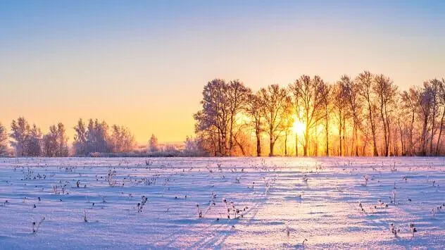 Sonnenuntergang auf verschneitem Feld