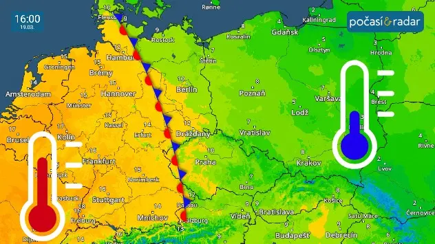 Náš Teplotní radar ukazuje teplotní rozdíly nad středem Evropy v úterý 19. března odpoledne. 