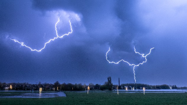 Forked lightning side by side during a thunderstorm