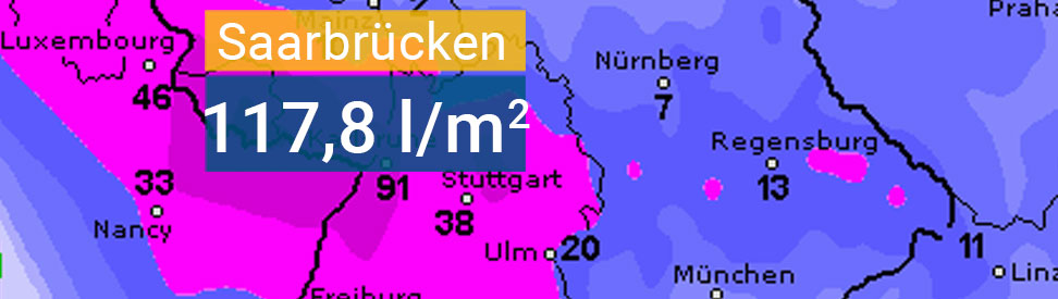 In Saarbrücken hat es in 24 Stunden rund 115 Liter Regen pro Quadratmeter gegeben. 