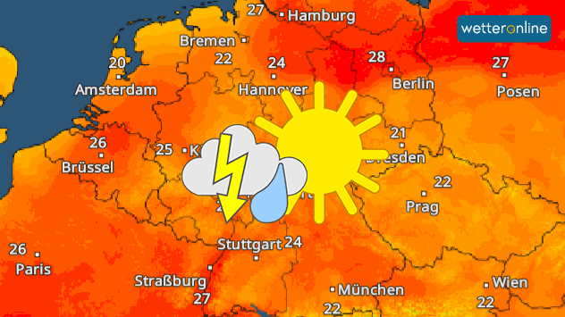 Sonne mit Gewitter und Temperaturkarte