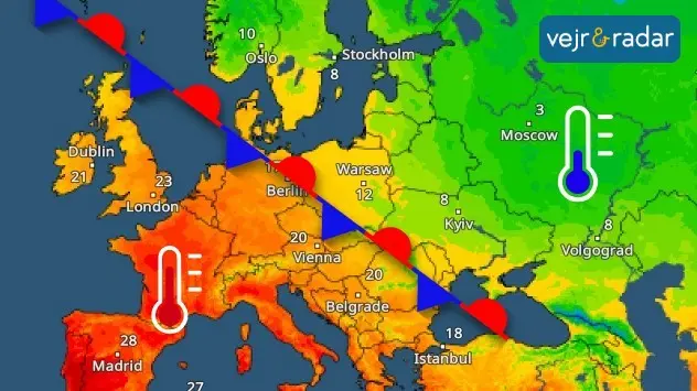 TemperaturRadaren viser tydeligt temperaturkontrasten i Europa.