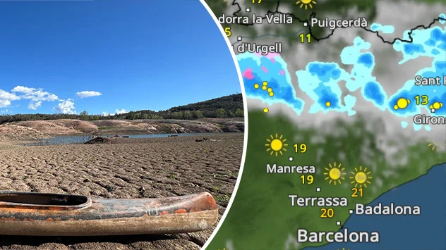 Bild eines fast ausgetrockneten Stausees in Katalonien und WetterRadar