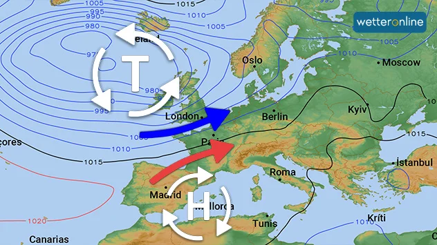 Mit einer Hochdruckzone südlich von Deutschland gelangt warme Luft in den Süden. Tiefs über Nordeuropa lenken dagegen kühle Luft in unseren Norden. 