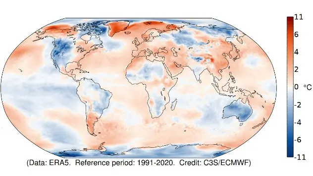 Abaterea temperaturii față de medie în luna noiembrie 2022, pe glob.