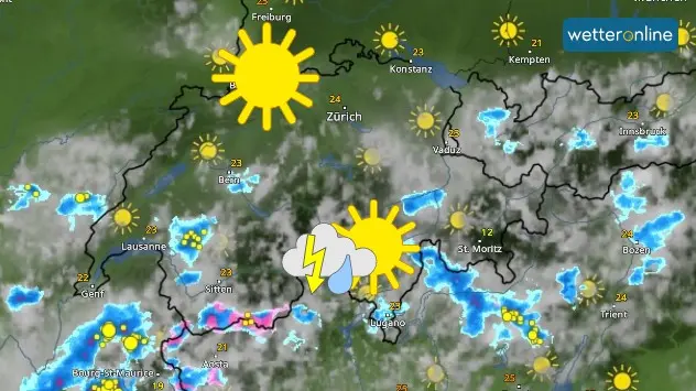 WetterRadar zeigt am Mittwoch gewittrige Regenschauer in den Alpen.