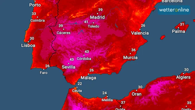 Das TemperaturRadar zeigt die Hitzeglocke über Spanien, die sich nun langsam nordwärts ausbreitet. 