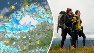 WetterRadar zeigt Regen für Samstag - Wanderpaar auf Hügel mit dunklen Wolken im Hintergrund