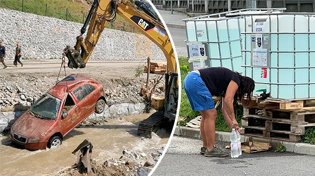 Auto in Flussbett wird von Kran geborgen; Trinkwasserbehälter