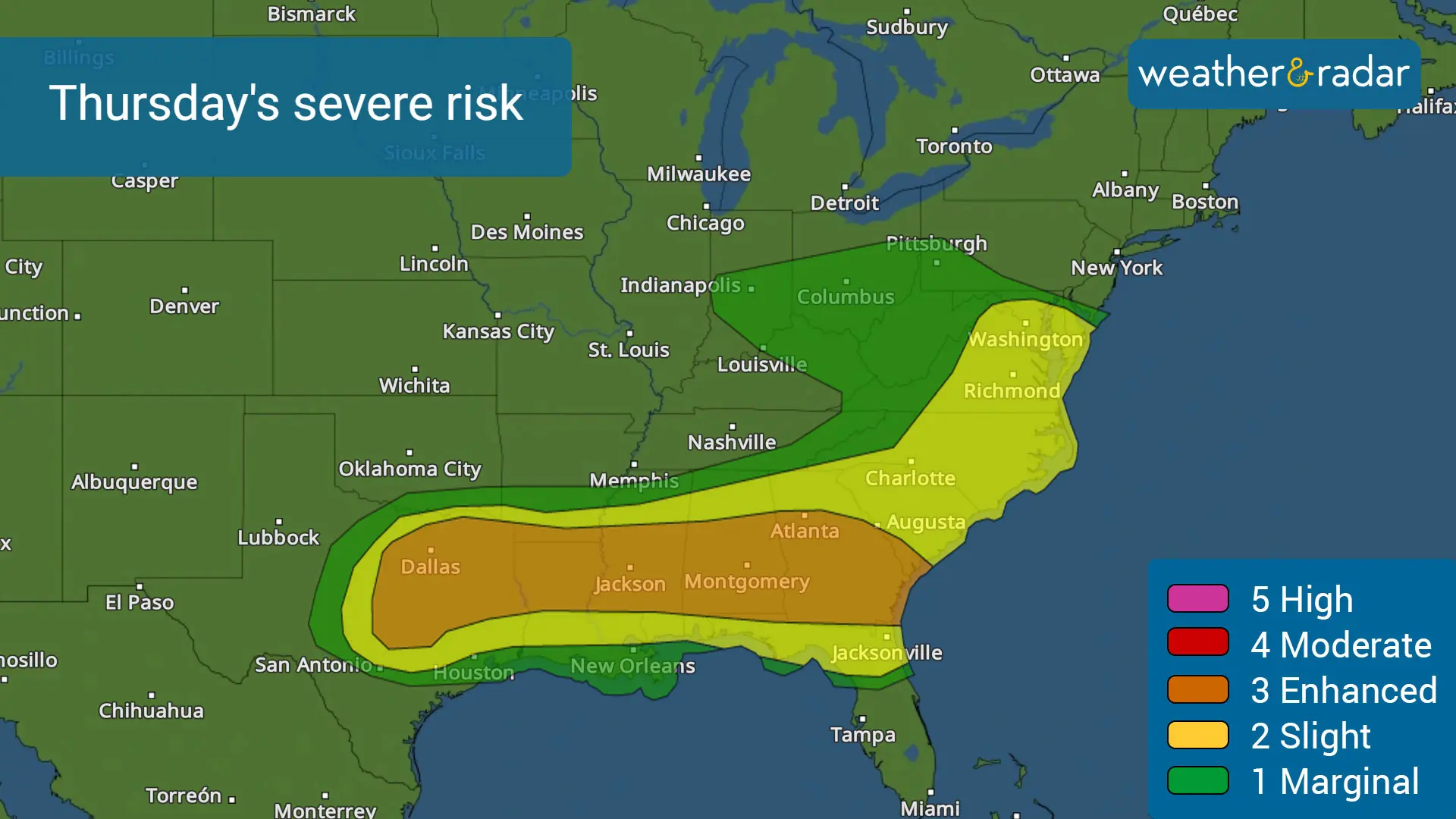 Thursday's severe risk includes Dallas, Austin, through Atlanta. 