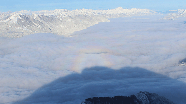Eine Webcam fing am Mittwochmorgen eine Glorie über dem Nebelmeer im Gailtal ein.