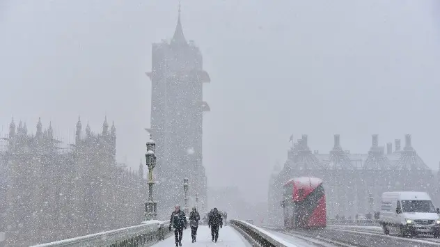 Tower Bridge, London during heavy snowfall amidst the 'Beast from the East' on February 28th 2018. 