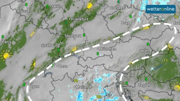 Das WetterRadar von Mittwochvormittag zeigt eine feine Struktur in den Wolken über dem Alpenraum und Oberitalien. Diese deutet auf Saharastaub hin.