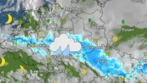 WetterRadar zeigt schmales Regenband über Deutschland