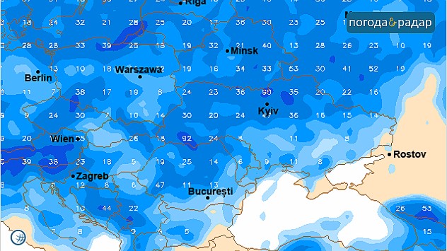 Загальна кількість опадів, прогнозована моделлю GFS до 8 липня.