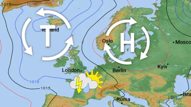 Karte Bodendruck: Hoch THOMAS zieht sich nach Osten zurück, von Westen nähert sich ein Tief mit ersten Gewittern