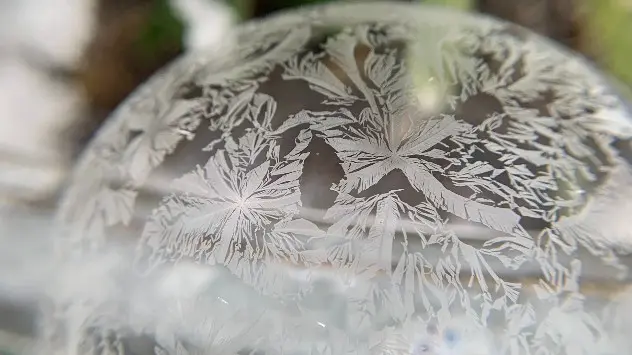 A close-up shot of the frozen soap bubble in Jena, Germany.