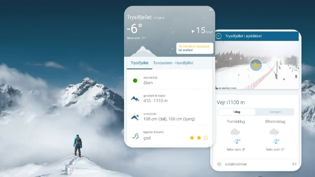 screenshots af bjerg og skivejret i Vejr & Radar appen