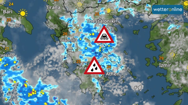 Das WetterRadar zeigt bis zum Donnerstagabend noch weitere starke Regenfälle in Teilen Griechenlands.
