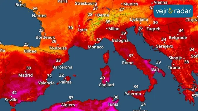 temperaturradaren viser sydeuropa i knaldrøde farver