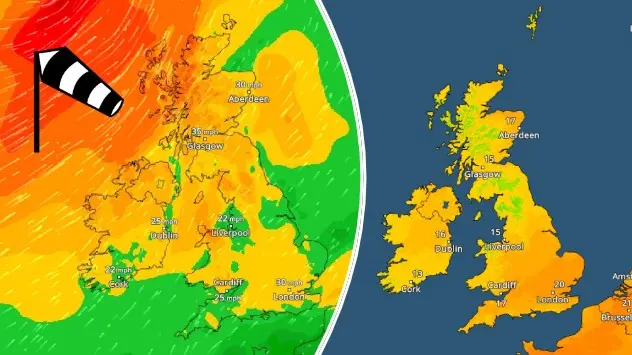 L - Wind map of the UK and Ireland with strong winds over western Scotland. R - Temperature map showing 20 degrees Celsius in London.