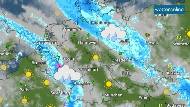 WetterRadar zeigt 2 Regenbänder am Donnerstagmorgen