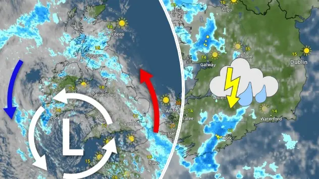 Weather maps showing low pressure in the English Channel and thunderstorms in Ireland
