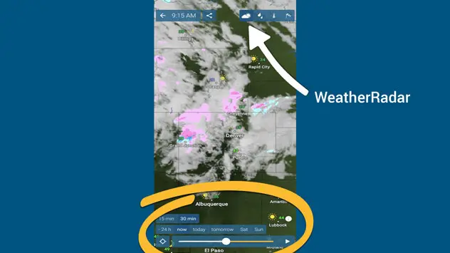 WeatherRadar: Swipe the slide-bar to move forward in time or press play to watch the feed proceed onward.