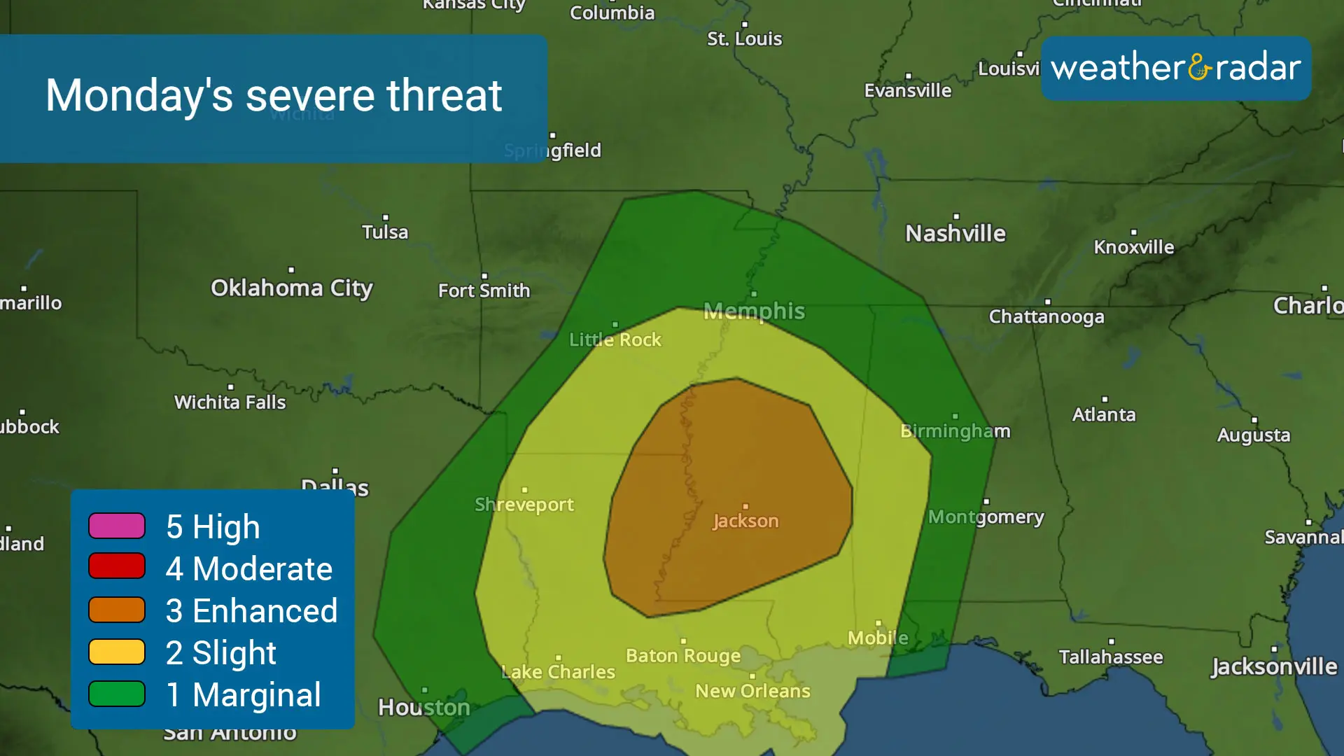 Monday's severe weather threat. Level 3 out of 5 over the Deep South. 