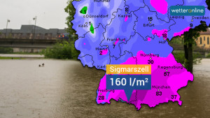 Karte mit Regenmengen seit Donnerstag - Donau über Ufer (c) dpa