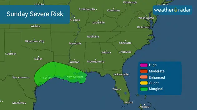 Severe storms possible on Sunday across the Upper Texas Coast through Louisiana. 
