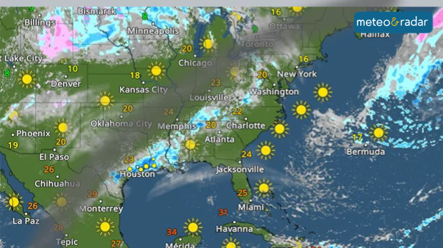 Traseul eclipsei, evidențiat cu gri. Click pe imagine pentru a vedea harta radar meteo interactivă.