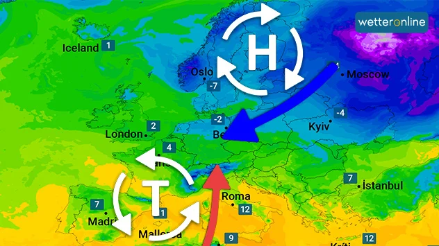 Eine Wetterkarte zeigt die Verteilung von Hoch- und Tiefdruckgebieten in Europa.