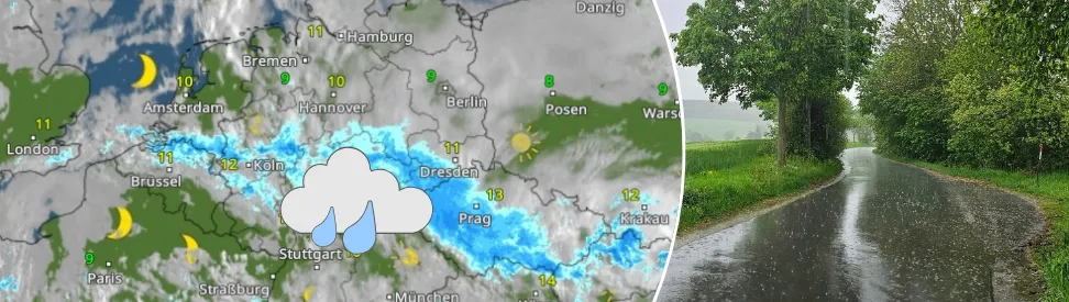 WetterRadar zeigt schmales Regenband über Deutschland - Nasser Weg entlang eines Felds (c) Bild rechts: Hardy Schulz
