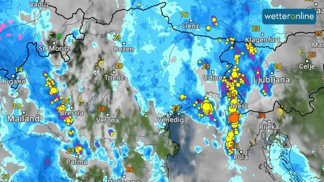 Gewitter im WetterRadar über Istrien und Norditalien