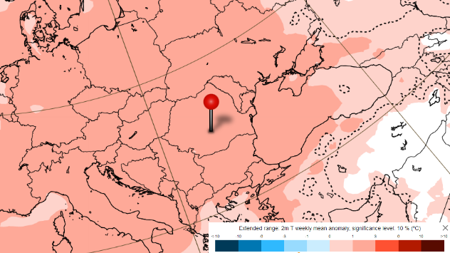 Abaterea estimată a temperaturii aerului față de medie în intervalul 16 - 23 octombrie, conform modelului ECMWF.