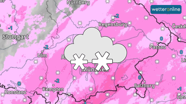 Das WetterRadar vom 2. Dezember zeigt Dauerschneefälle in Bayern.