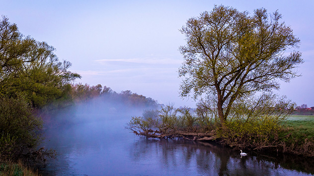 Am Morgen bilden sich häufig Nebelfelder, wie hier über der Fluss Leine bei Hannover. 