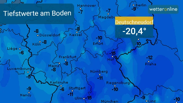 Die Tiefstwerte am Boden lagen in der Nacht zum Mittwoch verbreitet um minus 10 Grad.