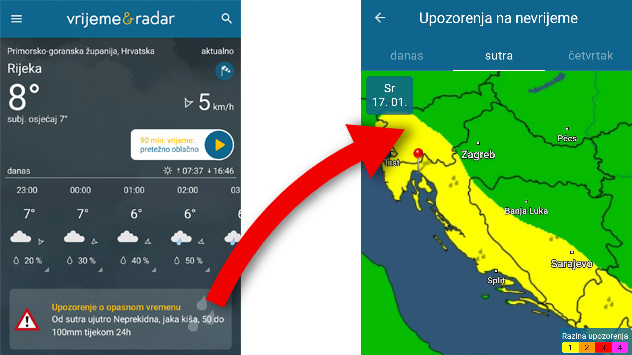 Ispod odjeljka za aktuelno vrijeme u aplikaciji, prikazuje se baner sa upozorenjem da se očekuju potencijalno opasni vremenski uvjeti